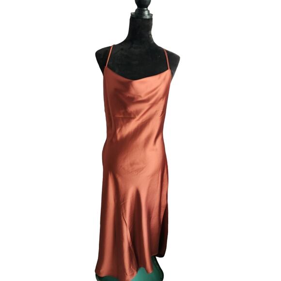 JNCLCUE Dresses & Skirts - JNCLCUE Womens M Dress Rust Cowl Beck Satin Brown Maxi Wedding Party